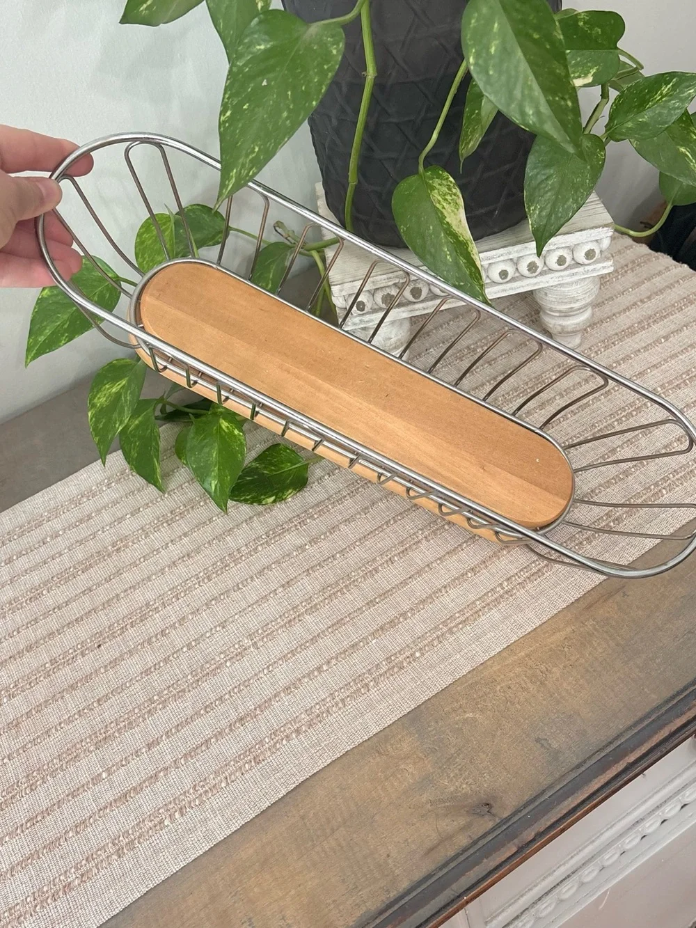 Vtg MCM style Chrome Metal Bread Basket W/ Wood Base